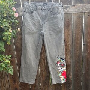 Ed Hardy Rose Love Embroidery Women's Y2K Gray Denim Jeans Size 32